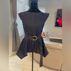 NWT Commense denim peplum asymmetrical hem belted top M